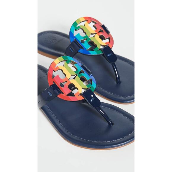 Tory Burch Miller Sandals, Bright Rainbow/Royal Navy, Blue, Stripe 7.5 patent - Picture 6 of 6